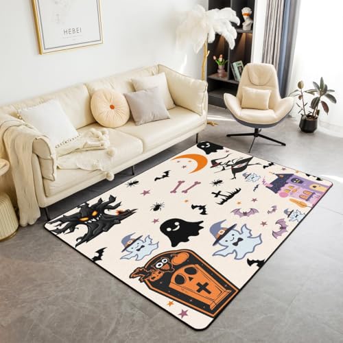 feelingyou Cartoon Ghost Waschbar Bereich Teppiche Knochen Fledermaus Spinne Bereich Teppich für, Kawaii Spooky Indoor Boden Teppich für Kinder Halloween Thema rutschfeste weiche Teppiche, 100x150cm von feelingyou
