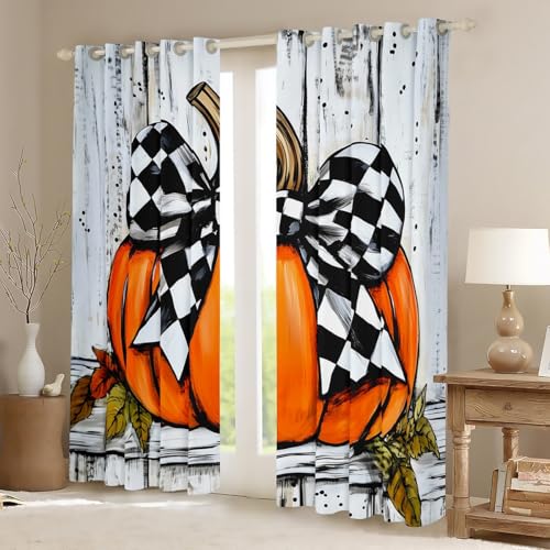 feelingyou Cartoon Kürbis Fenstervorhänge 2 Panels S Größe schwarz weiß Plaid Krawatte Fenstervorhänge für Kinder Aquarellpflanzen Herbst rustikalen Stil Vorhänge für das Wohnzimmer von feelingyou