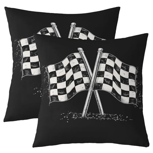feelingyou Check Flagge Kissenbezüge 40x40cm Set von 2 Formel Rennen Extreme Sports Stil Kissenbezüge für Kinder schwarz grau Schachbrett Plaid Kissenhüllen für Auto Wohnzimmer von feelingyou