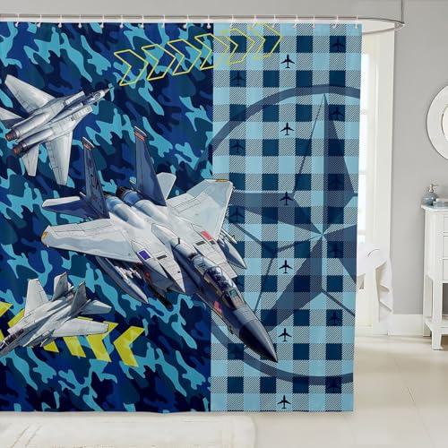 feelingyou Cool Flugzeug Jungen Duschvorhang M Größe Blaue Camouflage Geometrische Plaid Badezimmer Vorhänge für Kinder Armee Camo Cartoon Flugzeuge Badevorhang für Badewanne mit 12 Haken von feelingyou