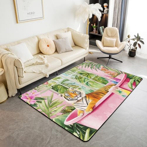 feelingyou Cute Tiger Waschbar Area Teppiche Pink Green Beachy Area Teppich für, Tropische Botanische Indoor Boden Teppich für Kinder Böhmen Vintage rutschfeste weiche Teppiche, 100x150cm von feelingyou