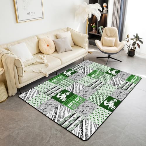 feelingyou Dirt Bike Area Teppich 150x200cm Grau Grün Plaid Reifen Druck Streifen Rutschfester Teppich für Kinder Extreme Sports Stil Nicht Shedding Teppich für RV Couch Stühle von feelingyou