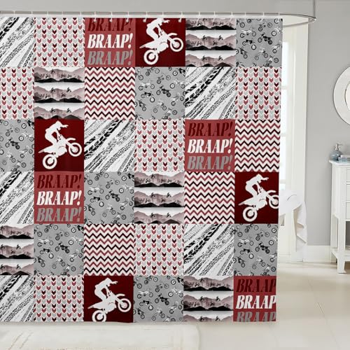 feelingyou Dirt Bike Duschvorhang Grau Rot Patchwork Grid Geometrische Badezimmervorhänge für Kinder Abenteuer Extreme Sport Stil Wasserdichter Badevorhang mit 12 Haken M Größe von feelingyou