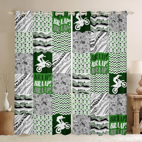feelingyou Dirt Bike Fenstervorhänge 2 Panels XL Größe Grau Grün Plaid Reifen Druckstreifen Fenstervorhänge für Kinder Extreme Sport Stil Vorhänge für das Wohnzimmer von feelingyou