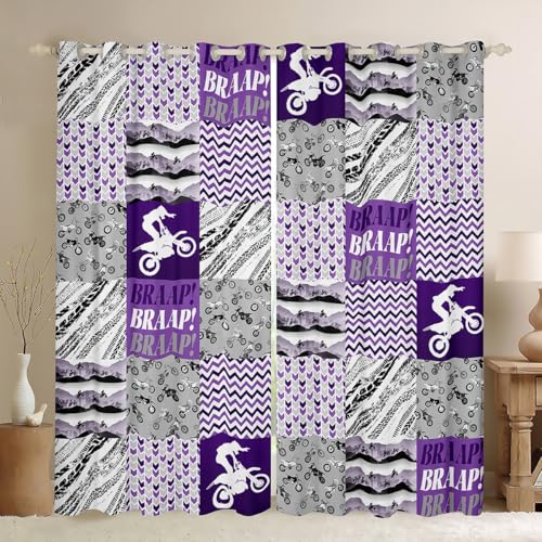 feelingyou Dirt Bike Jungen Fenstervorhänge 2 Panels S Größe Extreme Sports Rider Silhouette Fenstervorhänge für Kinder Patchwork Lila Grau Geometrische Plaid Vorhänge für Wohnzimmer von feelingyou