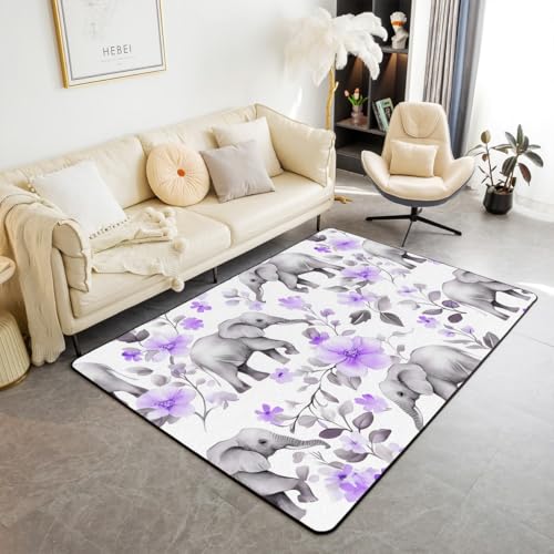 feelingyou Elefanten Bereich Teppich Lila Gradient Blumen Aquarell Pflanzen Rutschschutz Teppich für Kinder niedliche Wildtiere Dekorative Nicht-Verschütten Teppich für Schlafzimmer Couch 150x200cm von feelingyou