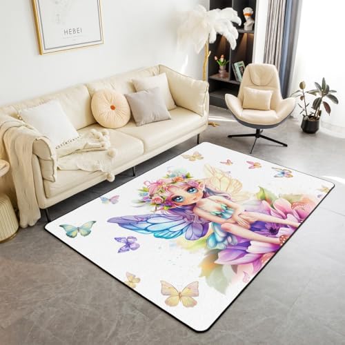 feelingyou Fairy Princess Area Teppich 150x200cm Wonderland Wilde Schmetterling Pilz Indoor Fußbodenmatte für Kinder Aquarell Blumen Gradient Flügel Träumige Rutschschutz Teppich für Couch von feelingyou
