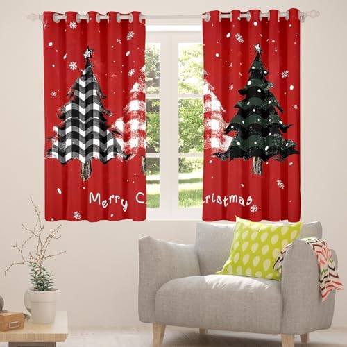 feelingyou Frohe Weihnachten Fenstervorhänge 2 Panels XL Größe Vintage Plaid Streifen Weihnachtsbäume Fenstervorhänge für Kinder weiße Schnee Graffiti Winter Theme Vorhänge für das Wohnzimmer von feelingyou