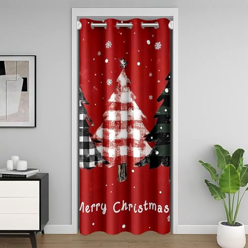 feelingyou Frohe Weihnachten Tür Vorhang,1 Panel 106x203cm,Vintage Plaid Streifen Weihnachtsbäume für Clost,Weißer Schnee Graffiti Winter Thema 30% -50% Verdunklung für Schlafzimmer Datenschutz von feelingyou