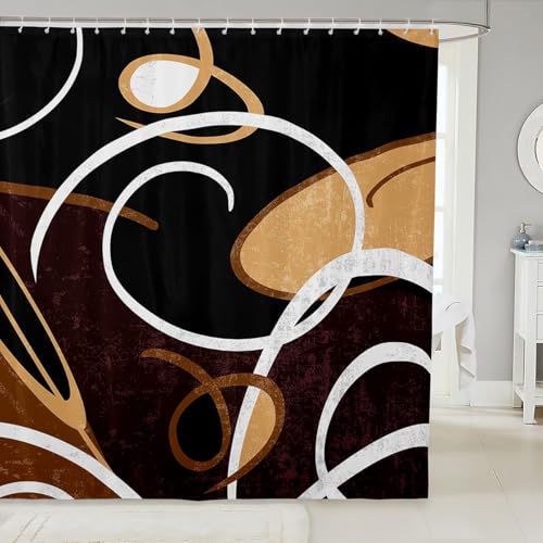 feelingyou Geometrische Spirale Duschvorhang Schwarz Braun Weiß Geometrische Wirbeln Badezimmervorhänge für Erwachsene Kreise Moderner einfacher Stil Badevorhang für Badewanne mit 12 Haken S Größe von feelingyou