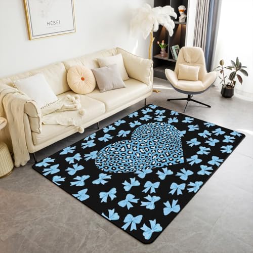 feelingyou Girly Bowknot Teppich 150x200cm, Liebe Herz Form Leopard Druck Dekorative Bereich Teppich für Bett Wohnzimmer Dekor, Schöne Blaue Bowtie schwarz rutschfeste waschbare Dekor von feelingyou