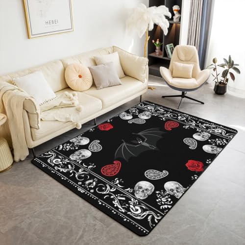 feelingyou Gotische Schädel Teppich 150x200cm, Fledermaus Rote Rose Blumen Drucken Kinder rutschfeste Dekorative Indoor Matte, Schwarz Weiß Paisley Plaid für Wohnzimmer Spielzimmer Bettseite feelingyou Gotische Schädel Teppich 150x200cm, Fledermaus Rote Rose Blumen Drucken Kinder rutschfeste Dekorative Indoor Matte, Schwarz Weiß Paisley Plaid für Wohnzimmer Spielzimmer Bettseite von feelingyou