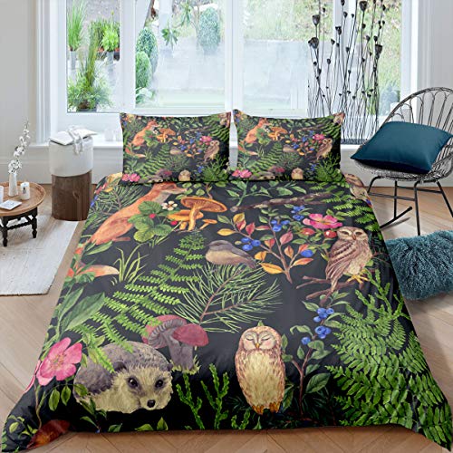 feelingyou Grüne Blätter Bettwäsche-Set Wilde Fuchstiere Bettwäsche Set 135x200cm Lustige Vögel Betten Set für Kinder Jungen Mädchen Teenager 2St.Reißverschluss Mikrofaser von feelingyou