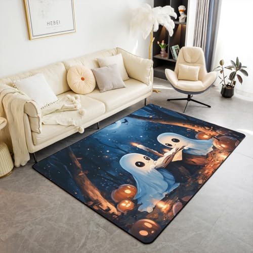 feelingyou Halloween Ghost Teppich 150x200cm, Orange Kürbis Laterne Druck Dekorative Bereich Teppich für Bett Wohnzimmer, Fledermaus Blau Sternenhimmel Rutschschutz für Indoor Outdoor von feelingyou
