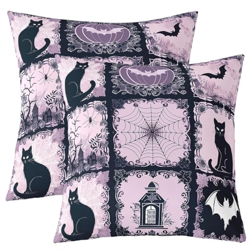 feelingyou Halloween Grid Doppelseiten Druck Kissenbezüge, gotische Spider Web Bat Cat Druck weiche quadratische Kissenfälle 60x60cm, Floral Plaid lila Patchwork für Wohnzimmer Dekor Set von 2 feelingyou Halloween Grid Doppelseiten Druck Kissenbezüge, gotische Spider Web Bat Cat Druck weiche quadratische Kissenfälle 60x60cm, Floral Plaid lila Patchwork für Wohnzimmer Dekor Set von 2 von feelingyou