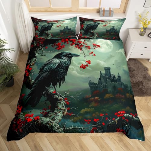 feelingyou Halloween Krähe Bettbezug Set S Größe, 3D Gothic Tier Schwarz Vogel Tröster Cover Set für Kinder Mädchen, Schloss und rote Blumen Mond Nacht Bettwäsche Set Schlafzimmer Dekor, 2 Pcs feelingyou Halloween Krähe Bettbezug Set S Größe, 3D Gothic Tier Schwarz Vogel Tröster Cover Set für Kinder Mädchen, Schloss und rote Blumen Mond Nacht Bettwäsche Set Schlafzimmer Dekor, 2 Pcs von feelingyou