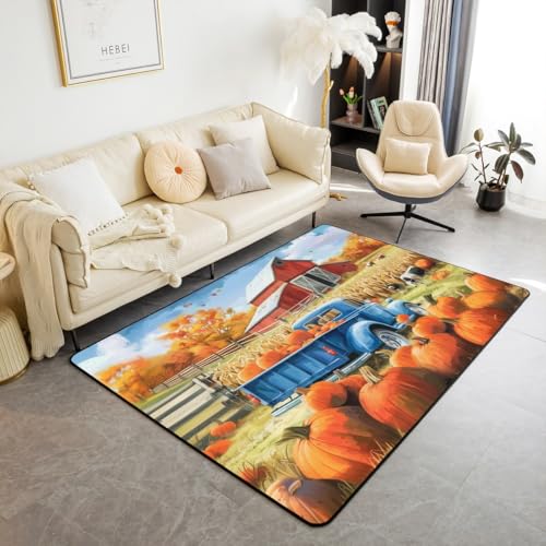 feelingyou Herbst Bauernhof Bereich Teppich Orange Kürbis Farll Ernte Pflanzen Nicht vergießen Teppich für Kinder blauen LKW Land Scheune rustikalen Stil Rutschschutz Teppich für Wohnzimmer 150x200cm von feelingyou