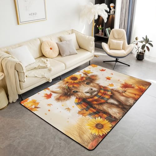 feelingyou Herbst Highland Kuh Bereich Teppich Orange Ahorn Blätter Kürbis Rutschschutz Teppich für Kinder Jungen Retro Blumen niedliche Tier rustikale Innenbodenmatte für Hauswärme 150x200cm von feelingyou