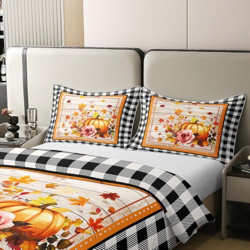 feelingyou Herbst Kürbis Baumwolle XL Größe Bettdecke Aquarell Ahorn Blätter Rosa Rose für Kinder schwarz weiß Plaid Retro Streifen rustikale Bauernhaus Decke Abdeckung, 2 Kissenbezüge (Keine Decke) von feelingyou