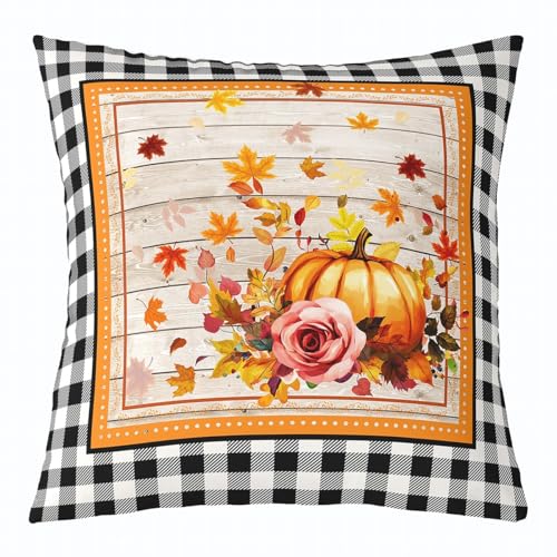 feelingyou Herbst Kürbis Kissen Abdeckung Aquarell Ahorn Blätter Rosa Rose Kissen Abdeckung für Kinder schwarz weiß Plaid Retro Streifen rustikale Bauernhaus Kissenhülle für Sofa 45x45cm von feelingyou