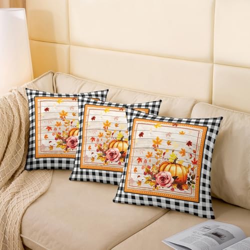 feelingyou Herbst Kürbis Kissen Abdeckung Aquarell Ahorn Blätter Rosa Rose Kissen Abdeckung für Kinder schwarz weiß Plaid Retro Streifen rustikale Bauernhaus Kissenhülle für Sofa 60x60cm von feelingyou