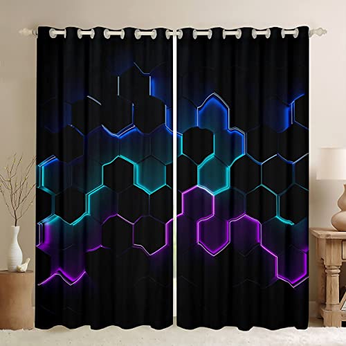 feelingyou Hexagon Fenster Vorhänge, Waben Design Kunst Geometrische Home Decor Vorhänge, Lila Blau Neon Licht Diamant Durable Fenster Vorhänge für Kinder Geschenke, 2 Panels, M Größe von feelingyou