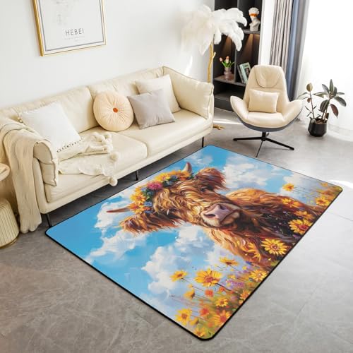 feelingyou Highland Vieh Teppich 150x200cm,Western Wildlife Bunte Floral Dekorative Area Teppich für Bett Wohnzimmer Dekor,Aquarell Blauer Himmel Natur Rutschschutz Waschbar Dekor für Indoor Outdoor feelingyou Highland Vieh Teppich 150x200cm,Western Wildlife Bunte Floral Dekorative Area Teppich für Bett Wohnzimmer Dekor,Aquarell Blauer Himmel Natur Rutschschutz Waschbar Dekor für Indoor Outdoor von feelingyou