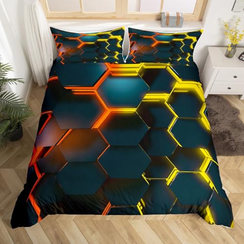 feelingyou Honeycomb Bettbezug S Größe, Hexagon Gelb Orange Neon Lichter Tröster Cover Set für Jungen Mädchen, 3D Bettwäsche Quilt Cover Set Schlafzimmer, 2-Stücke von feelingyou