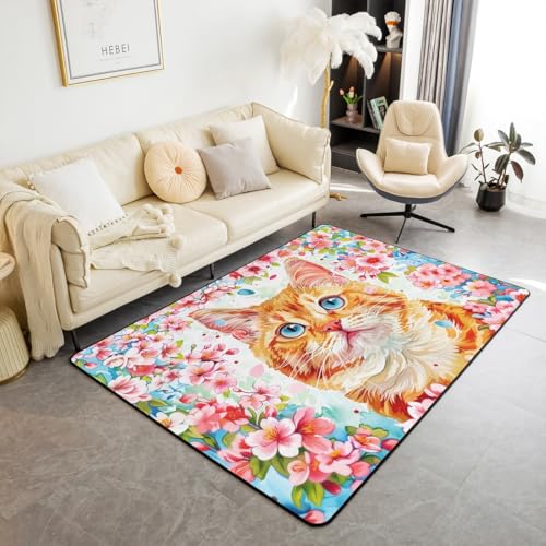 feelingyou Kawaii Katze Teppich 150x200cm, niedliche Tier Rosa Blumen Floral Dekorative Bereich Teppich für Bett Wohnzimmer Dekor, Aquarell Ölgemälde Rutschschutz Waschbar Dekor feelingyou Kawaii Katze Teppich 150x200cm, niedliche Tier Rosa Blumen Floral Dekorative Bereich Teppich für Bett Wohnzimmer Dekor, Aquarell Ölgemälde Rutschschutz Waschbar Dekor von feelingyou