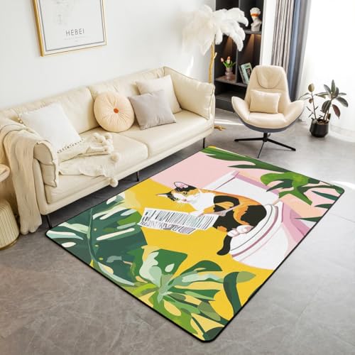 feelingyou Kawaii Katze waschbar Bereich Teppiche Tropische botanische Bereich Teppich für, niedliche Haustier Indoor Boden Teppich für Kinder Böhmen Vintage rutschfeste weiche Teppiche, 100x150cm von feelingyou