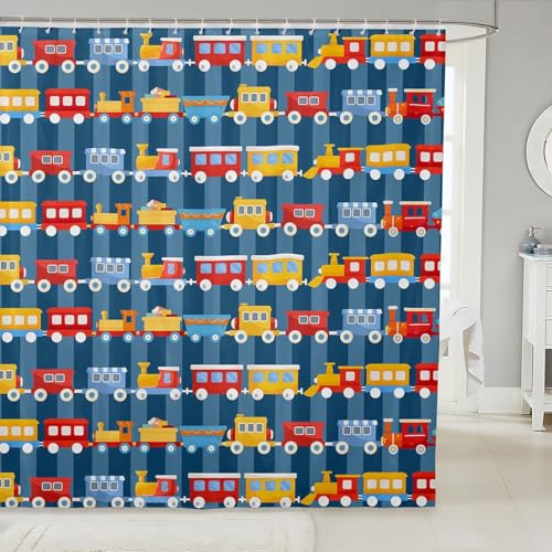 feelingyou Kinder Zug Duschvorhang Cartoon Rot Blau Gelb Züge Badezimmer Vorhänge für Teenager Blaue Geometrische Linien Streifen wasserdichte Badevorhang mit 12 Haken L Größe von feelingyou