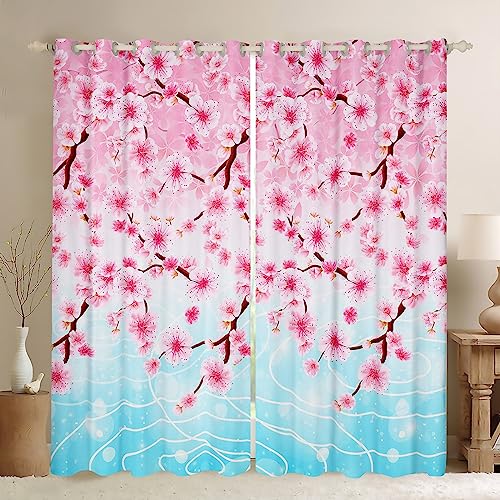 feelingyou Kirschblüten Fenster Vorhang, Rosa Sakura Blumen Floral Fenster Vorhänge für Mädchen Jungen, Bäume Pflanze Blue Lake Fenster Behandlung Vorhänge für Wohnzimmer, S Größe von feelingyou