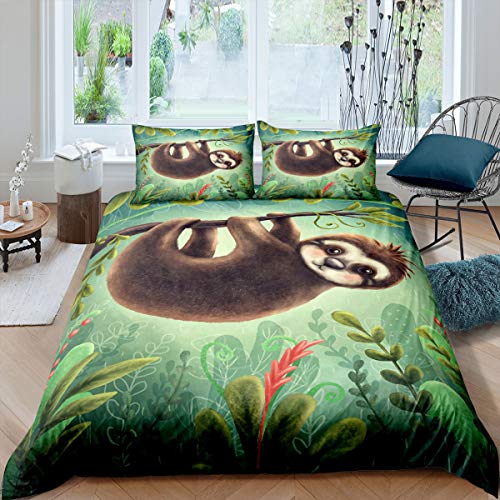 feelingyou Kletterfaultier Bettwäsche-Set Grüne Baumblätter Bettwäsche Set 135x200cm Cartoon Tier Betten Set für Kinder Jungen Mädchen Teenager 2St.Reißverschluss Mikrofaser von feelingyou