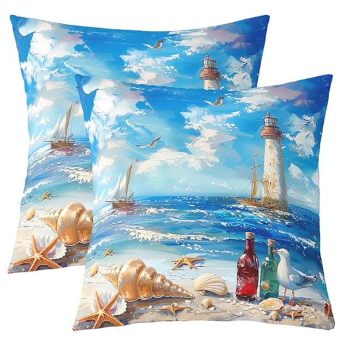 feelingyou Leuchtturm Doppelseiten Druck Kissenbezüge 55x55cm, Aquarell Blue Ocean Beach Ölgemälde Weiche quadratische Kissenbezüge, Sommer Meer Abenteuer für Home Decoratons, Satz von 2 feelingyou Leuchtturm Doppelseiten Druck Kissenbezüge 55x55cm, Aquarell Blue Ocean Beach Ölgemälde Weiche quadratische Kissenbezüge, Sommer Meer Abenteuer für Home Decoratons, Satz von 2 von feelingyou