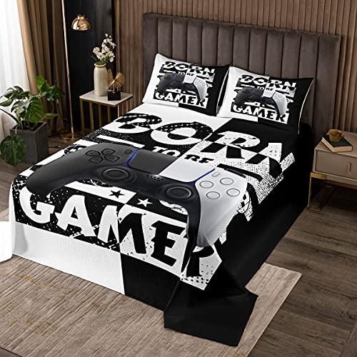 feelingyou Moderne Gamer Tagesdecke 170x210cm Schwarz-Weiß Gamepad Steppdecke Videospiel Bettdecke Set 2 Stück für Kinder Jungen Zimmer Dekor, Jugend Gaming Bettwäsche Quilt mit 1 Kissenbezug von feelingyou