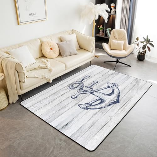 feelingyou Nautischer Anker Waschbar Bereich Teppiche Exploration Themenbereich Teppich für, Ocean Abenteuer Indoor Boden Teppich für Kinder Retro Stil rutschfeste weiche Teppiche, 100x150cm von feelingyou