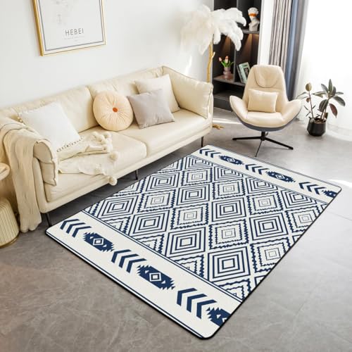 feelingyou Navy Blue Geometric Waschbar Area Teppiche Western Style Area Teppich für,Western Geometric Indoor Boden Teppich für Kinder Modern Boho rutschfeste weiche Teppiche,100x150cm von feelingyou