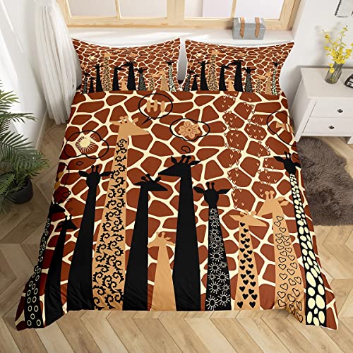 feelingyou Nette Giraffe Silhouette Bettbezug S Größe, Karikatur Afrika Wilde Tiere Hautdruck Tröster Cover Set für Kinder Jungen Mädchen, Kawaii Blumen Herz Geometrische Bettwäsche Quilt Cover Set von feelingyou