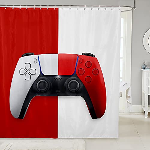 feelingyou Paar Gaming Badvorhang Videospiele Thema Duschvorhang Rot Weiß Gamepad Print Mikrofaser Wasserdichtes Gewebe mit Haken für Stände Badewannen Badezimmer, 72Wx84L Zoll von feelingyou