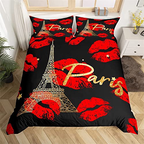 feelingyou Pariser Stil Bettwäsche-Set, Rote Lippen küssen Markierungen, Eiffelturm Romantisch, 135x200cm, 2St. Reißverschluss Mikrofaser feelingyou Pariser Stil Bettwäsche-Set, Rote Lippen küssen Markierungen, Eiffelturm Romantisch, 135x200cm, 2St. Reißverschluss Mikrofaser von feelingyou