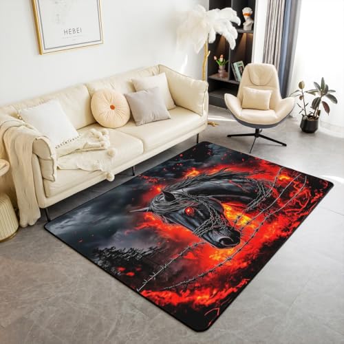 feelingyou Pferd Druck Teppich 150x200cm, Rustikale Wildtierkette Natur Bäume Dekorative Bereich Teppich für Bett Wohnzimmer Dekor, Feuer rote Flamme Muster schwarz rutschfeste waschbare Dekor von feelingyou