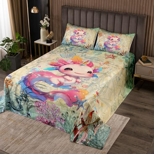 feelingyou Pink Axolotl Bettdecke, Retro Ocean Adventure Theme Coverlet Set Schlafzimmer Dekor weich Quilted, Anker Koralle Seestern Druck Quilt Set mit 2 Kissen Sham, m Größe von feelingyou