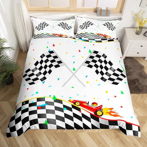 feelingyou Racing Flagge Bettdecke Abdeckung L Größe,Cute Cartoon Racing Car Bettwäsche Set für Kinder,Schwarz Weiß Geometrische Plaid Bunte Dekor Deck Deck mit 2 Kissenbezügen (Kein Deck) von feelingyou