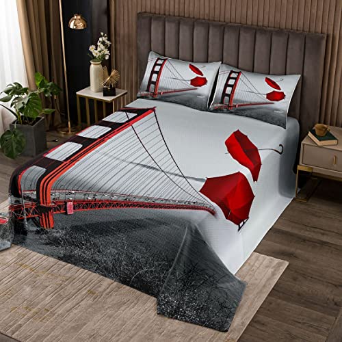 feelingyou Red Sea Bridge Tagesdecke 220x240cm,Red Umbrella Print Bett/Sofabezug 3 teilig für Mädchen Teens,Building Print Natural Quilted Tagesdecke Set mit 2 Kissenbezügen, Weiches Polyester von feelingyou