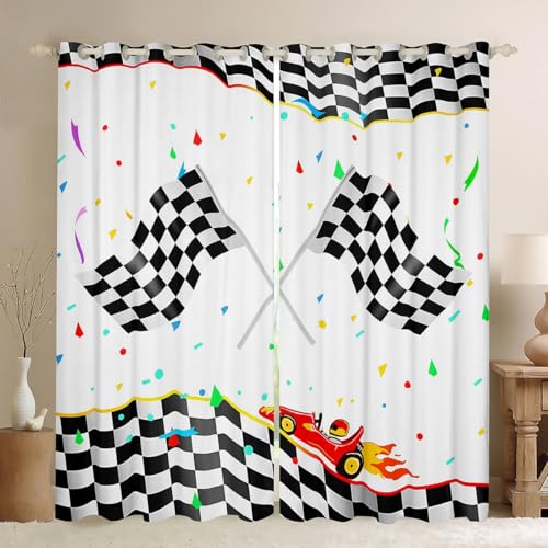 feelingyou Rennflagge Fenstervorhänge 2 Panels S Größe niedliche Cartoon Rennwagen Fenstervorhänge für Kinder schwarz weiß geometrische Plaid Bunte Dekor Vorhänge für Wohnzimmer von feelingyou