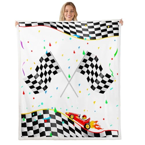 feelingyou Rennflagge werfen Decke Twin Größe niedliche Cartoon Rennwagen Fleece Decke für Kinder schwarz weiß geometrische Plaid Bunte Dekor Bettdecke für Wohnzimmer Party von feelingyou