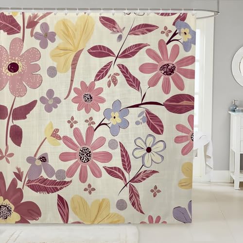 feelingyou Retro Daisy Duschvorhang Cartoon rosa Daisy Graffiti Badezimmer Vorhänge für Kinder Vintage botanische Blätter rustikalen Stil Badevorhang für Badewanne mit 12 Haken L Größe von feelingyou