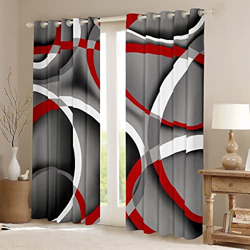 feelingyou Rot Grau Fenstervorhang 137x117cm,Moderne Zusammenfassung Vorhänge für Kinder Mädchen Gedrucktes,Retro-Kreis-Mode Gardine 2er-Set Fenster Vorhänge von feelingyou