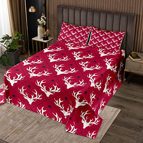 feelingyou Rote Weihnachts-Tagesdecke 220×240 cm mit 2 Kissenbezügen, Hirschgeweih-Druck Sterne und Tiermotiv Tagesdecke Geschenk-Dekor, Weihnachtsmann Frohe Feiertage gesteppt, weich leicht von feelingyou