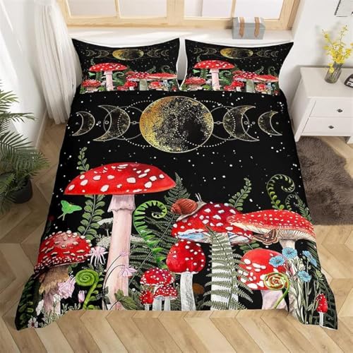 feelingyou Roter Pilz Bettwäsche-Set,Frühlingspilzpflanze Bettwäsche Set 135x200cm,Mondgeometrie Boho Betten Set für Kinder Jungen Mädchen Teenager 2St.Reißverschluss Mikrofaser von feelingyou